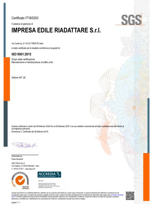 Prima pagina del documento: Certificazione di qualità ISO 9001